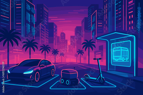 Neon futuristic city with electric car, delivery robot, and e-scooter at smart transportation hub