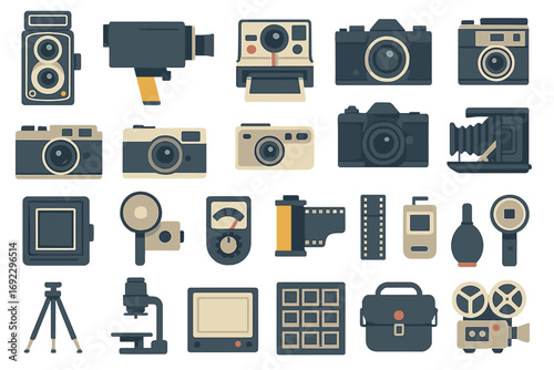 Flat design vintage and modern photography equipment icons with cameras, film, light meters, and accessories on muted gray background