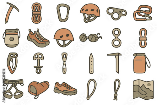 Essential climbing gear icons set with helmets, ropes, carabiners, harnesses, and mountaineering tools in hand-drawn style