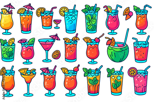 Bright tropical cocktail collection with fruit garnishes, straws, and umbrellas in vibrant hand-drawn illustration style
