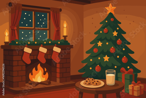Cozy Christmas Eve living room with decorated tree, fireplace, stockings, gifts, and milk and cookies for Santa