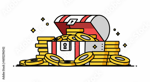 Uncover hidden treasure with this vibrant chest overflowing with gold coins and sparkling riches illustration