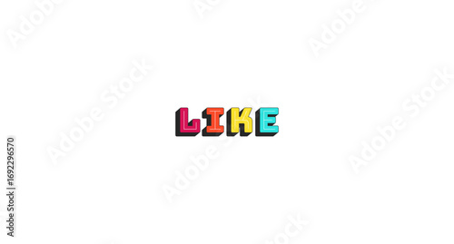 Like colorful bold popular internet button word. Video engagement. Interactive callout, feedback vote. Thumb up to post. Chunky 3D letters with shadow effect. Fun typography. Bungee Shade font used