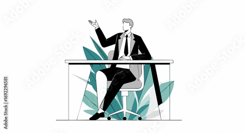 Elegant professional presenting business strategy from modern office desk with plant accents for corporate success
