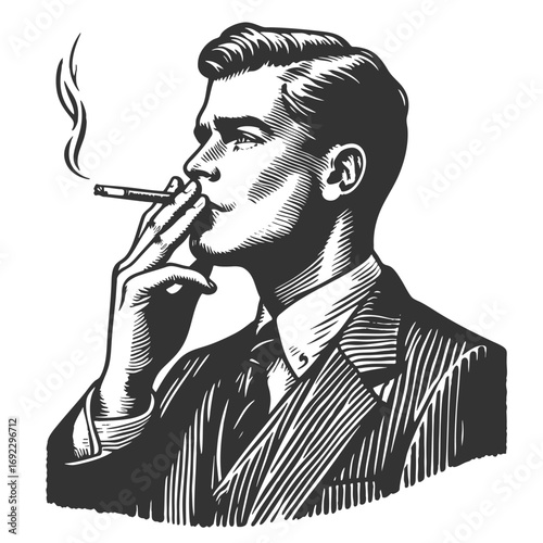 man in a suit smoking a cigarette, symbolizing classic masculine style and old-fashioned elegance sketch engraving generative ai fictional character vector illustration. Scratch board. Black and white