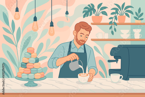 Barista preparing a coffee with macarons in a cozy cafe setting