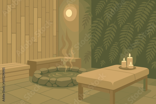 Peaceful spa interior with hot stone bath, massage table, candles, and natural bamboo and leaf wall decor