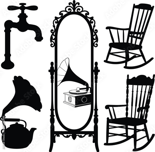 Vintage antique furniture and household items silhouette, rocking chairs, old mirror, classic gramophone, retro faucet, teapot, timeless design