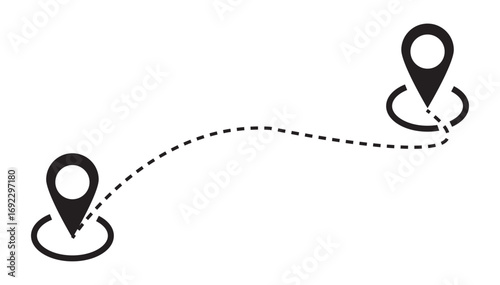 Route map icon with location pins and dashed line. Vector illustration