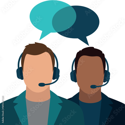 Two people wearing headsets with speech bubbles symbolizing communication
