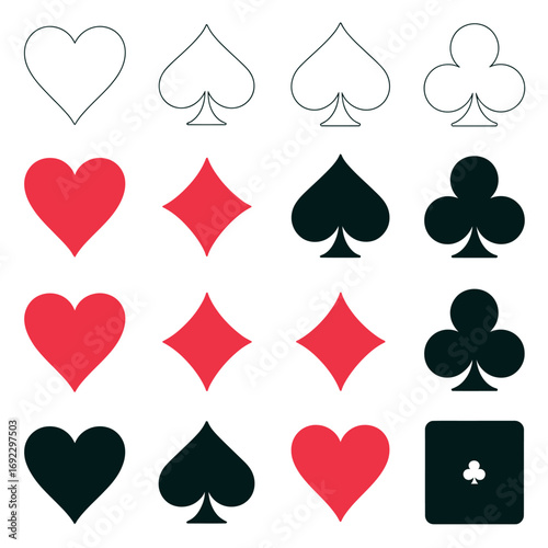 Collection of playing card suits and dice on white background