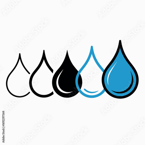 Five water drops in a row showing different stages of color and transparency