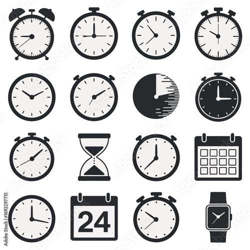 Collection of various clocks and timekeeping devices icons