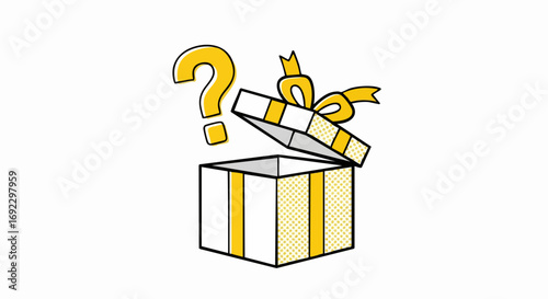 Unveiling a surprise concept with a vibrant yellow gift box and mystery question mark icon