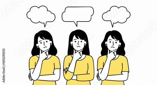 Three women ponder ideas with thought bubbles above, showcasing decision making and problem solving concept