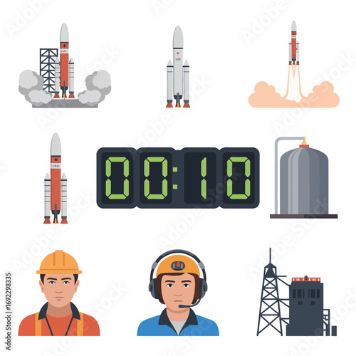Space launch countdown timer and industrial elements collage