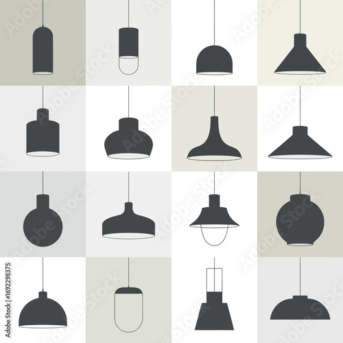 Collection of modern pendant light fixture silhouettes on a grid background