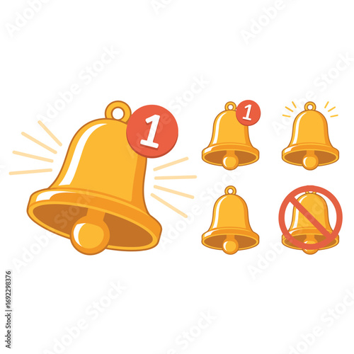 Golden notification bells with alert badges and mute symbol