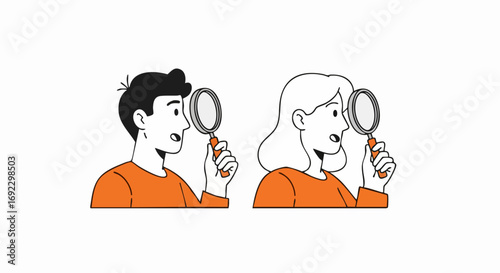 Man and woman exploring with magnifying glass searching for solutions or discovering new opportunities
