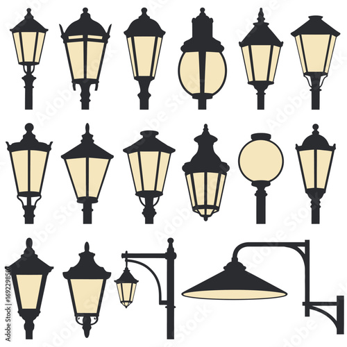 Collection of vintage street lamp and lantern silhouettes