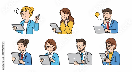 Diverse team thinking creatively using tablets and laptops for business brainstorming and problem solving online