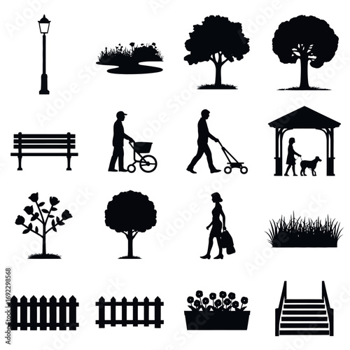 Collection of park and outdoor recreation icons and silhouettes
