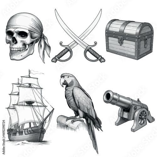 Pirate themed illustration with skull swords treasure chest ship parrot and cannon