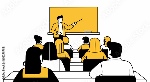 Engaging lecture hall scene with professor teaching students in a modern, vibrant learning environment