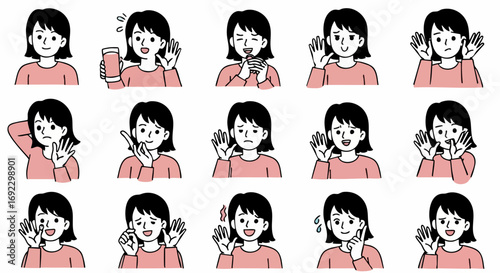 Diverse emotions showcased by a young woman expressing feelings in various gestures and facial expressions