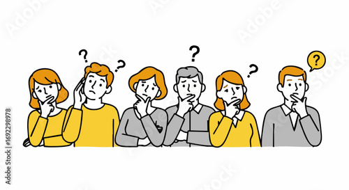 Confused group of people thinking hard, brainstorming ideas, finding solutions to problems and seeking answers