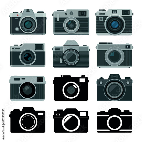 Collection of vintage and modern cameras on a white background