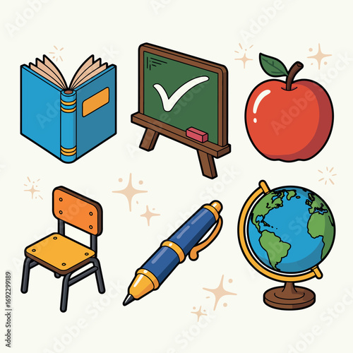 Collection of school supplies and educational icons for learning and teaching