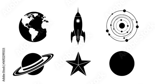 Collection of spacethemed icons including a rocket, planets, stars, and earth, isolated on white background silhouette graphics elements set