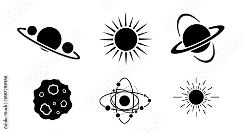 Collection of celestial bodies and atomic symbols, isolated on white background silhouette graphics elements set
