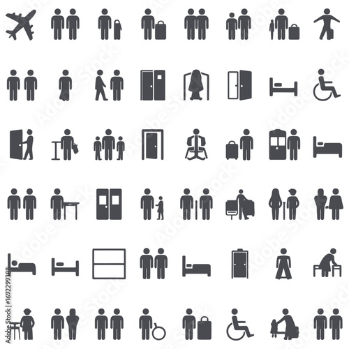Collection of diverse human pictogram icons representing travel and accessibility