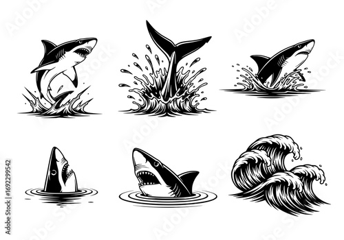 Collection of six black and white illustrations of sharks in various poses, including jumping, breaching, and swimming, with water splashes and waves silhouette graphics elements set