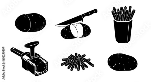 Collection of potato and french fry preparation icons, silhouette graphics elements set