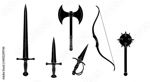 Collection of medieval weapons including swords, axe, mace, and bow isolated on white background silhouette graphics elements set