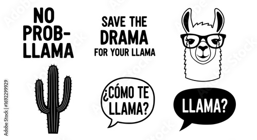 Collection of funny llama sayings and graphics including a cactus and a llama wearing glasses, isolated on white background silhouette graphics elements set