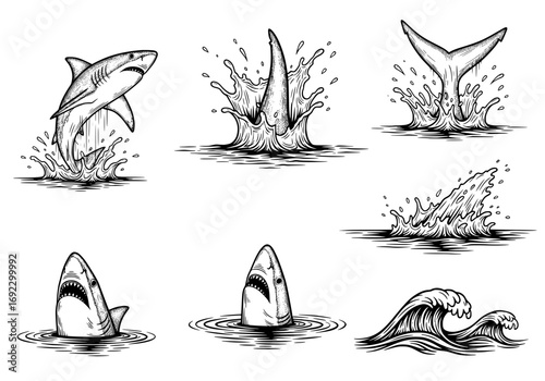 Collection of six black and white illustrations of sharks in various poses, including jumping, breaching, and surfacing, with water splashes and a wave silhouette graphics elements set