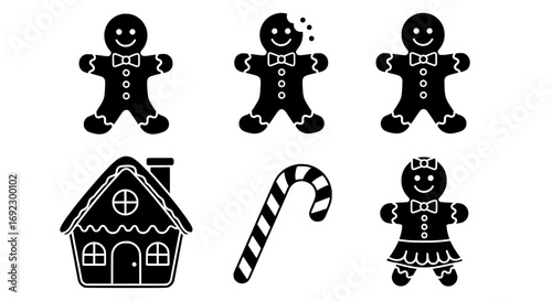 Set of christmas gingerbread man cookie icons, candy cane, and gingerbread house isolated on white background silhouette graphics elements set