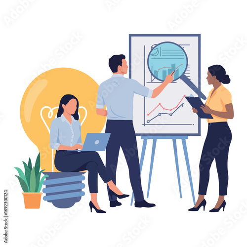 Team analyzing data and brainstorming ideas with a lightbulb and chart