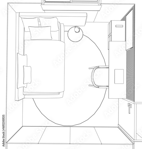 A black and white apartment floor plan drawing features a centrally placed bed with pillows and a table nearby. A storage cupboard is positioned to the right of the bed. Top view