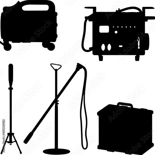 Flat monochrome illustration set of nine industrial tools, including generator, control panel, extension cords, and light stands, simple clean design.