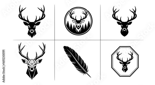 Collection of deer head logos and a feather, isolated on white background silhouette graphics elements set