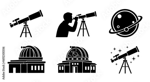 Collection of astronomy icons including telescopes, observatories, and a planet, isolated on white background silhouette graphics elements set
