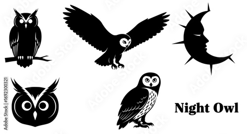 Collection of five black owl illustrations and a crescent moon with a face, isolated on white background silhouette graphics elements set