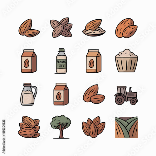 Almond icons set featuring nuts milk flour and farming elements