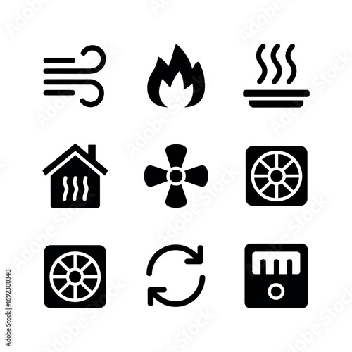 Set of nine black and white icons representing climate control and ventilation systems