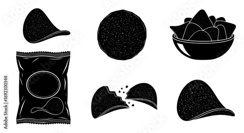 Set of black silhouette potato chips and packaging isolated on white background silhouette graphics elements set